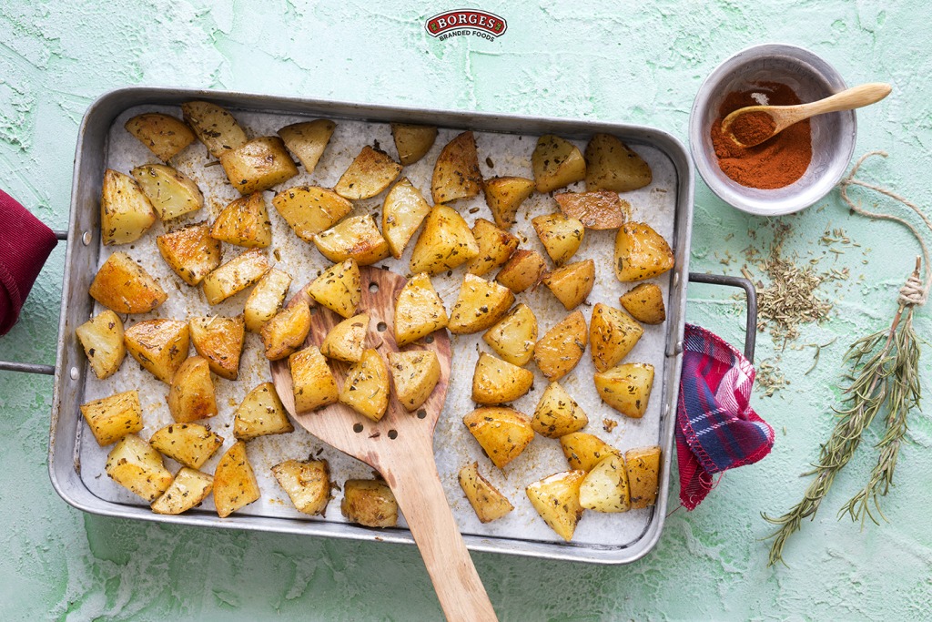 Oven-roasted potatoes on a tray
