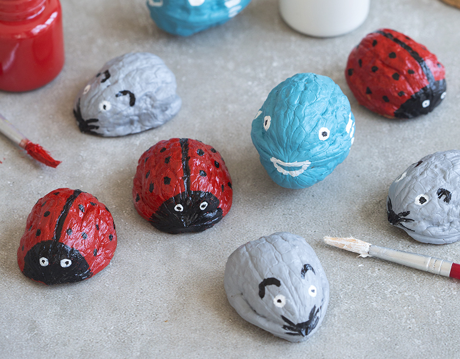 Nuts painted as ladybugs and mice, a fun game for kids