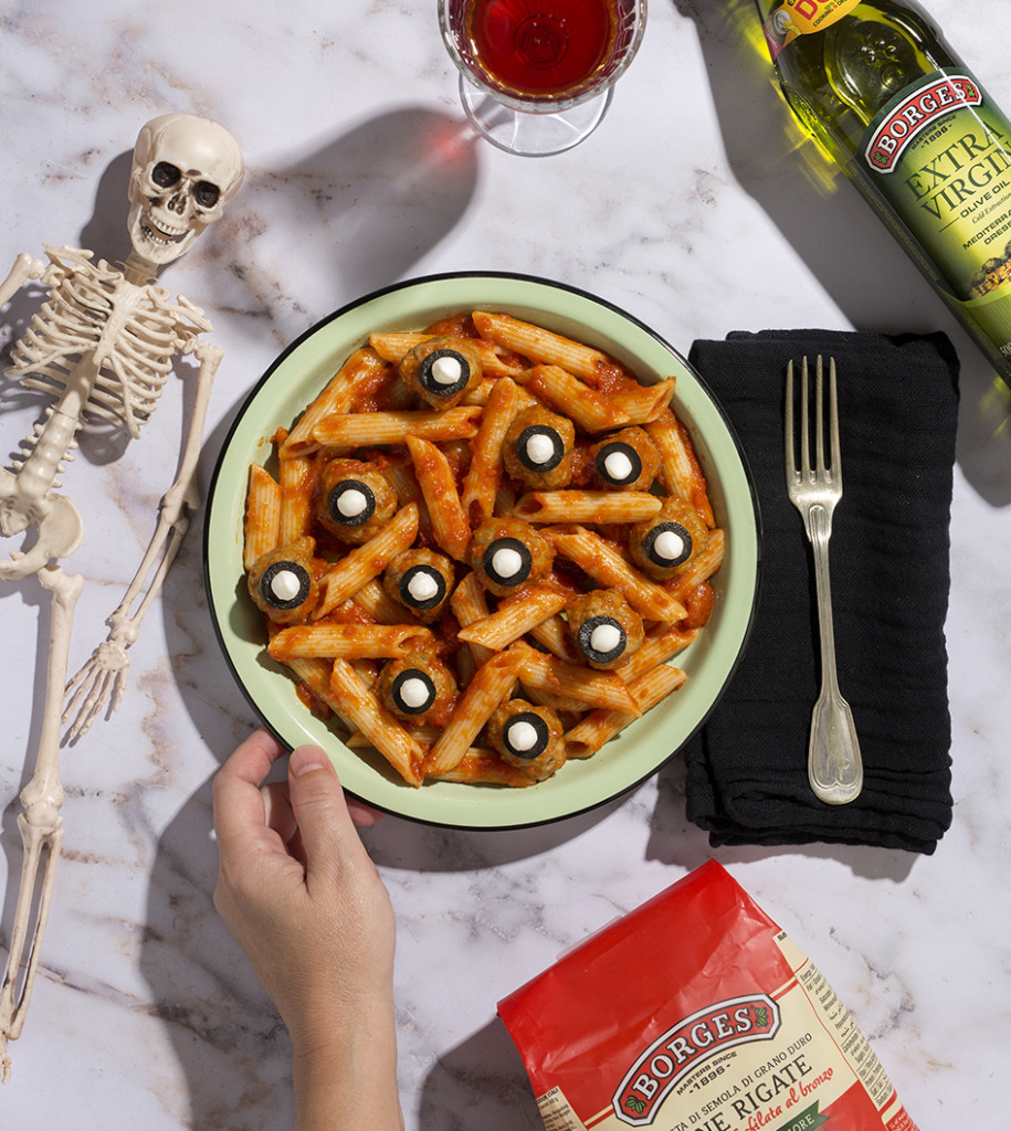 Halloween Penne with Meatballs