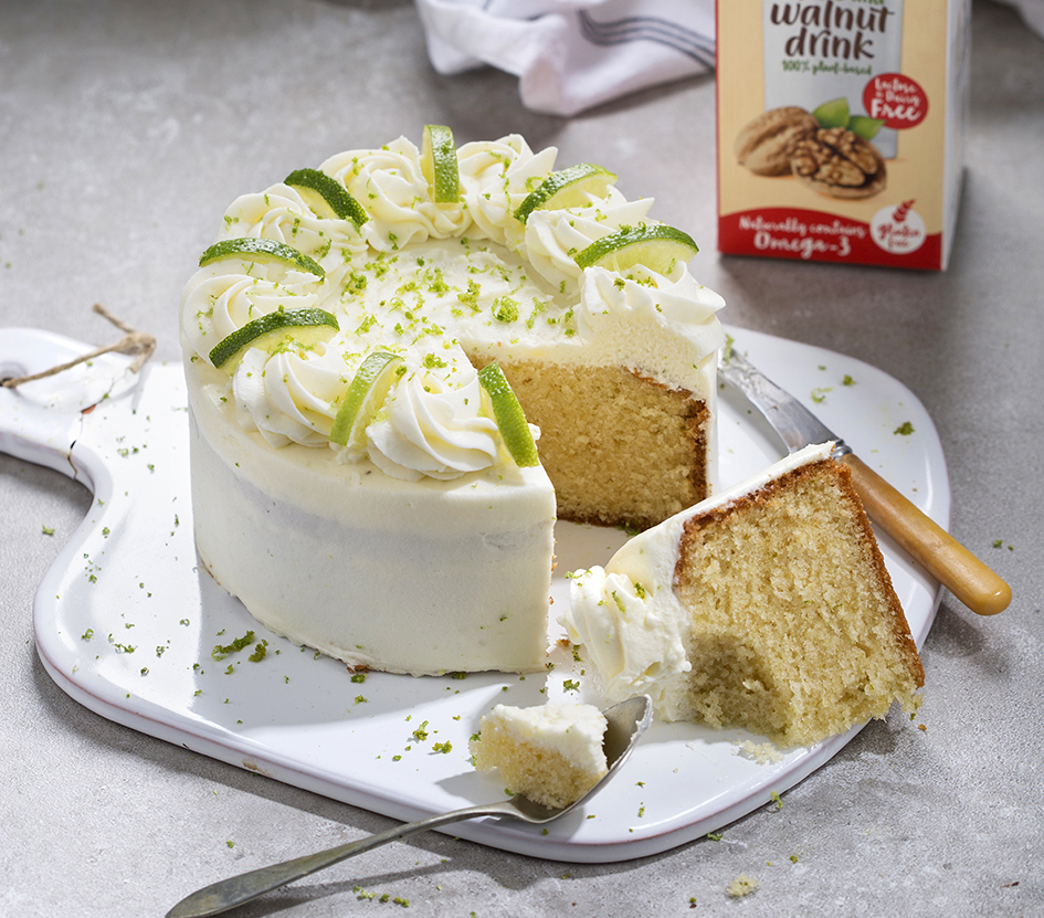 Lime cake recipe served in a white chopping board