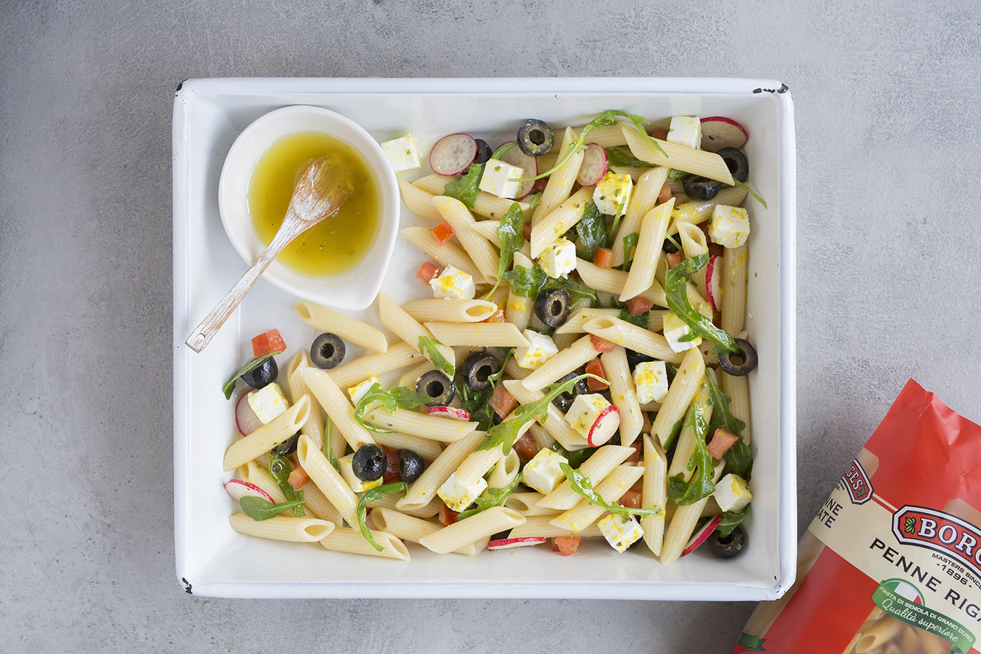 Cold pasta salad recipe with Borges extra virgin olive oil