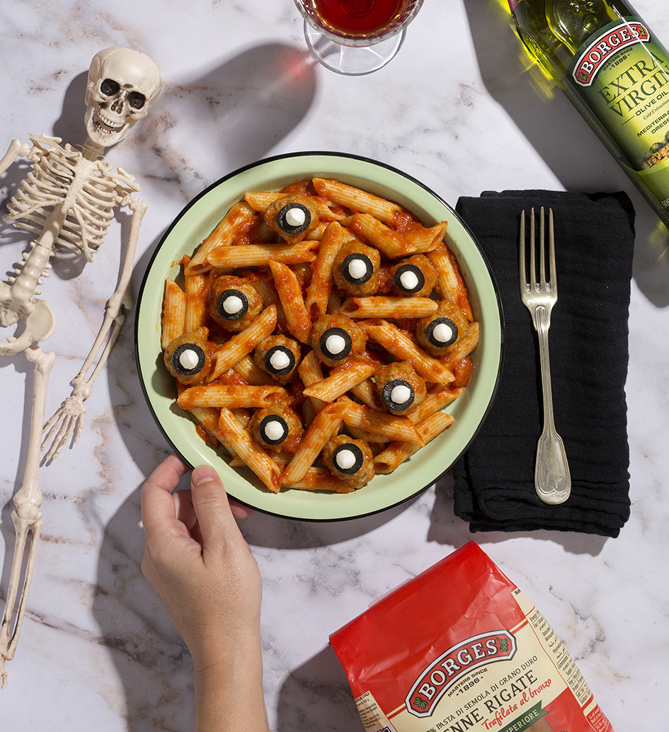 Halloween Penne with Meatballs