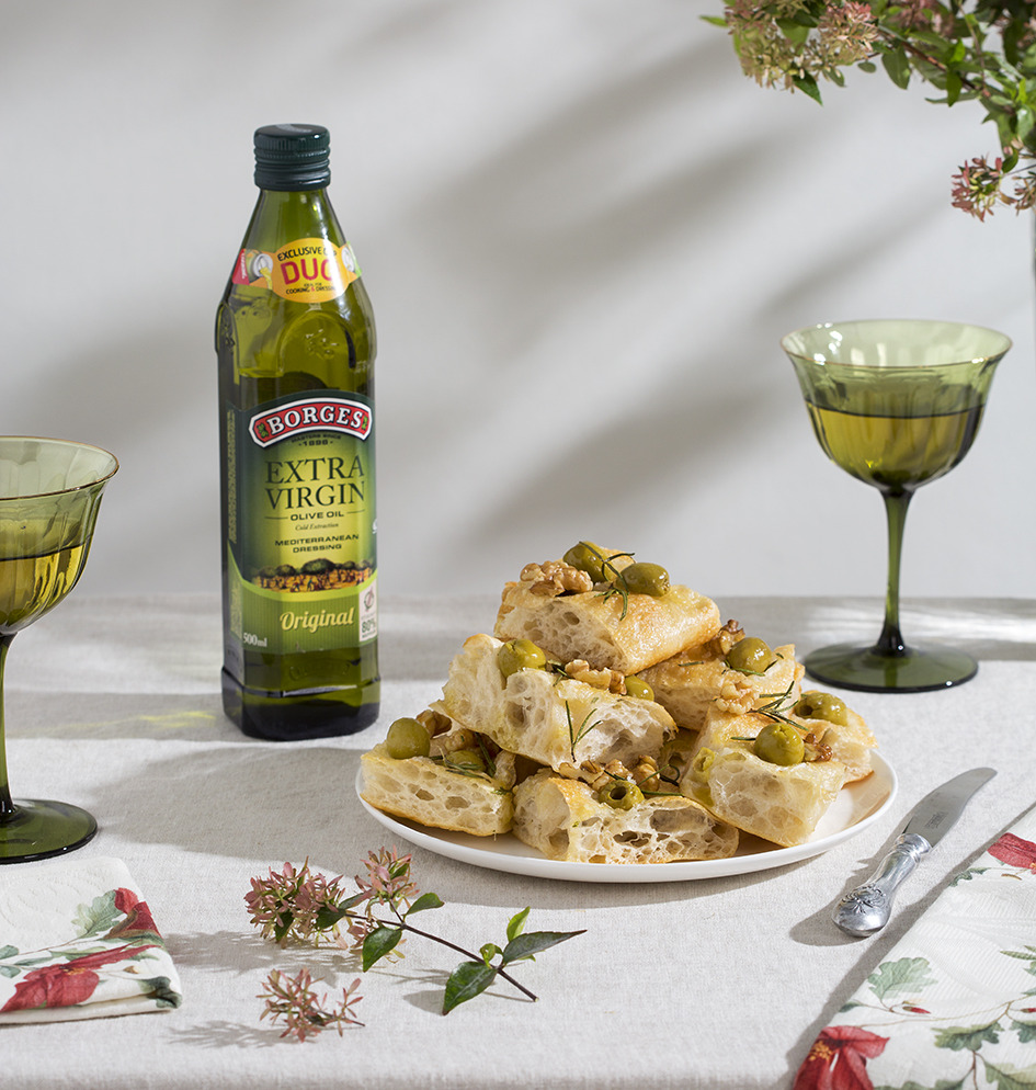 Festive Focaccia with Olives, Walnuts, and Herbs